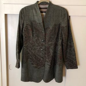 Collarless, lined, jacket with printed design
